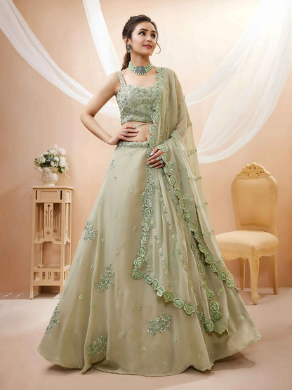 Pale Oyster Georgette Embroidered Lehenga