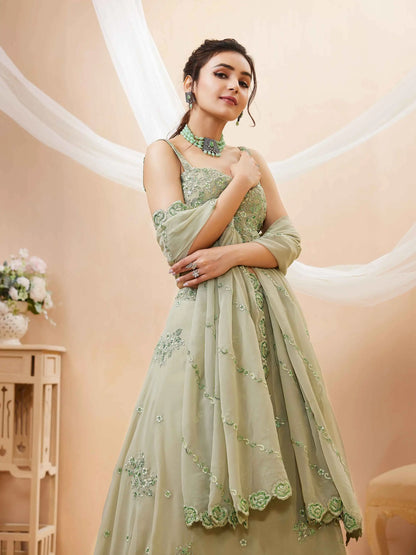 Pale Oyster Georgette Embroidered Lehenga