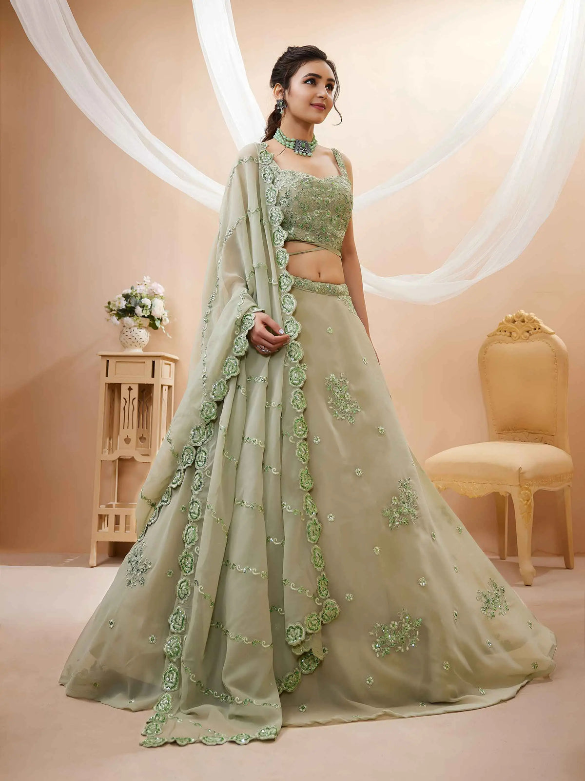 Pale Oyster Georgette Embroidered Lehenga