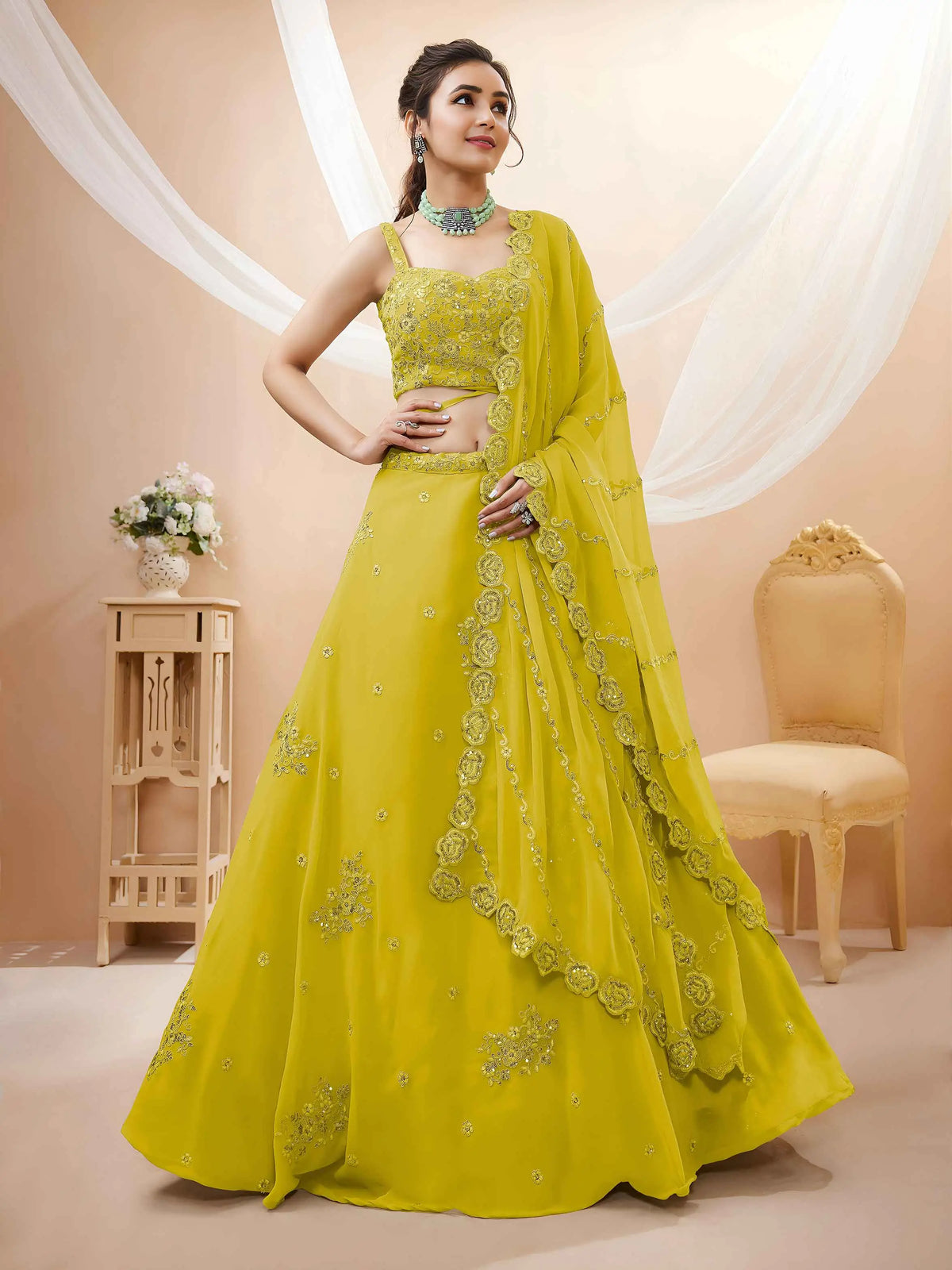 Yellow Georgette Embroidered Lehenga