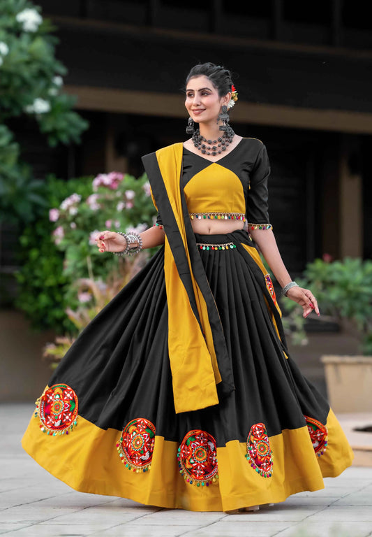 Yellow And Black Gamthi Work Chaniya Choli For Navratri