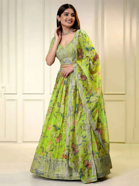 Neon Printed Organza Lehenga with Sequins