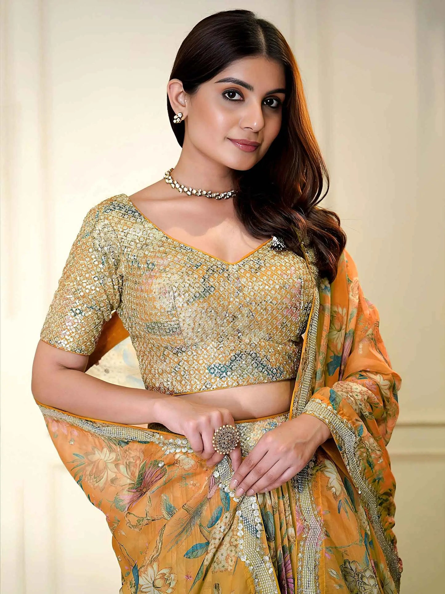 Rust Printed Lehenga with Sequins & Zari