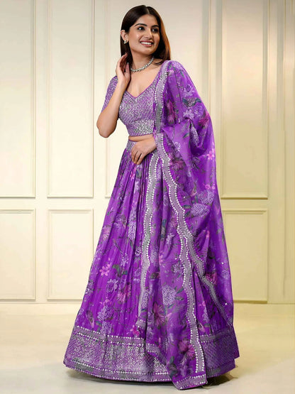 Purple Printed Lehenga with Sequins & Zari