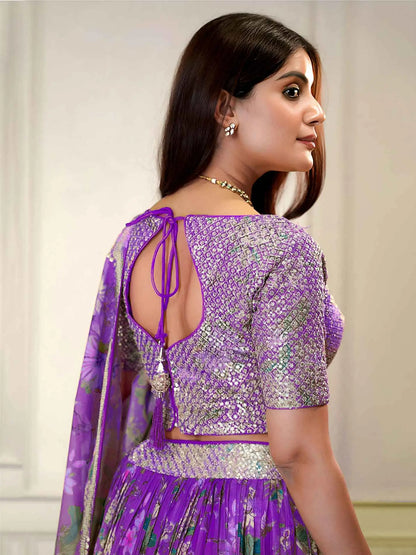 Purple Printed Lehenga with Sequins & Zari