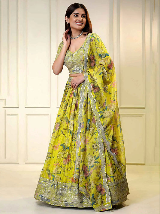 Yellow Printed Organza Lehenga with Sequins