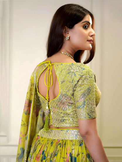 Yellow Printed Organza Lehenga with Sequins
