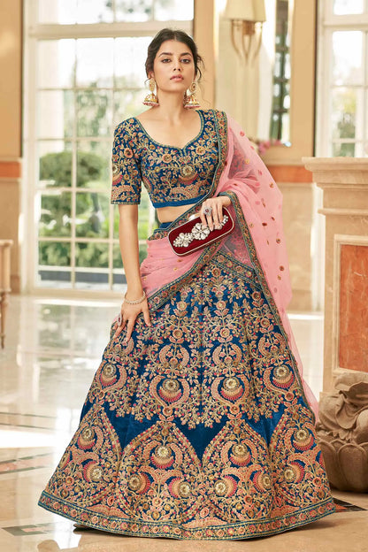 Blue Velvet Lehenga Choli With Thread, Dori, Zari And Sequins Embroidered Work