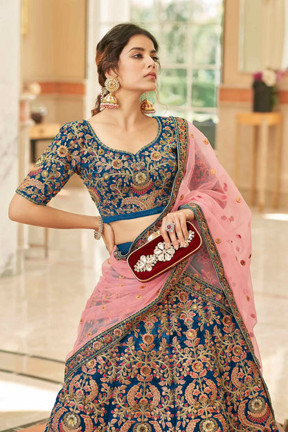 Blue Velvet Lehenga Choli With Thread, Dori, Zari And Sequins Embroidered Work