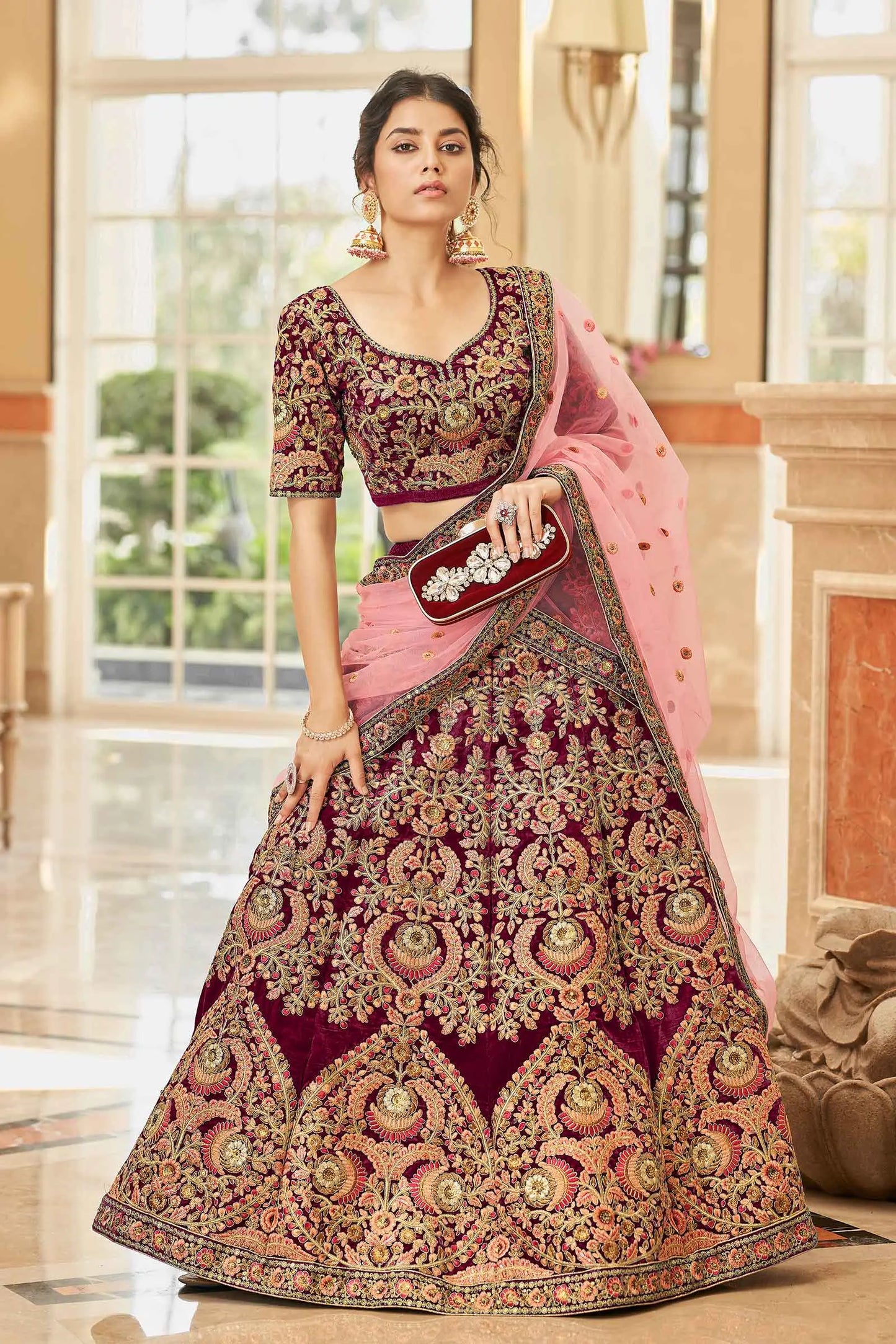 Maroon Velvet Lehenga Choli With Thread, Dori, Zari And Sequins Embroidered Work