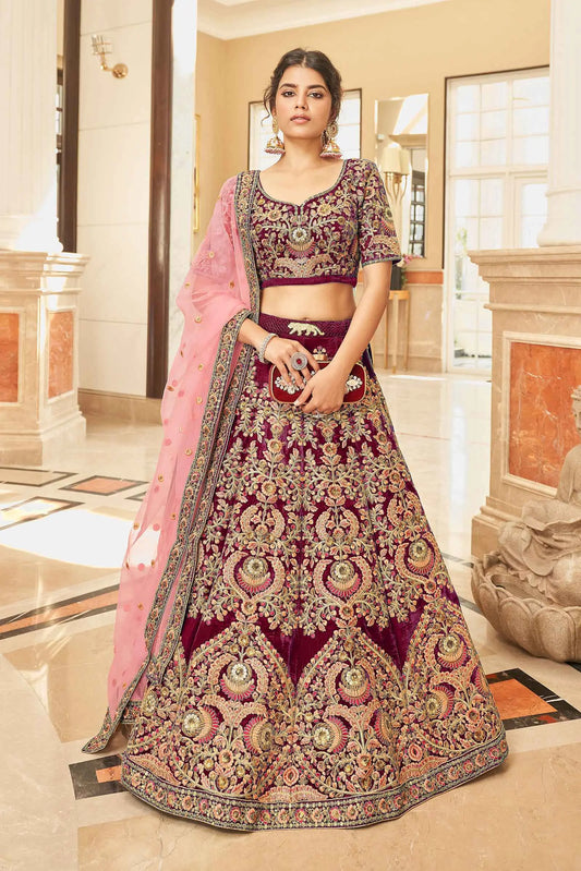 Maroon Velvet Lehenga Choli With Thread, Dori, Zari And Sequins Embroidered Work