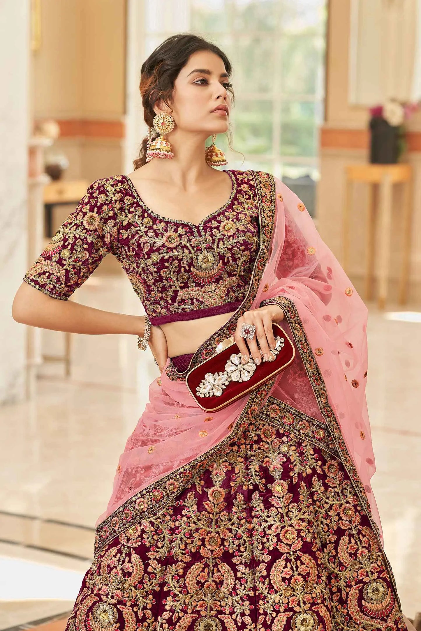 Maroon Velvet Lehenga Choli With Thread, Dori, Zari And Sequins Embroidered Work