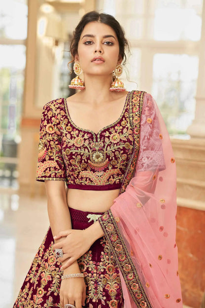 Maroon Velvet Lehenga Choli With Thread, Dori, Zari And Sequins Embroidered Work