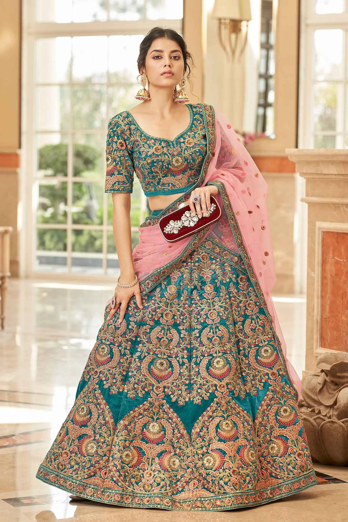 Teal Blue Velvet Lehenga Choli With Thread, Dori, Zari And Sequins Embroidered Work