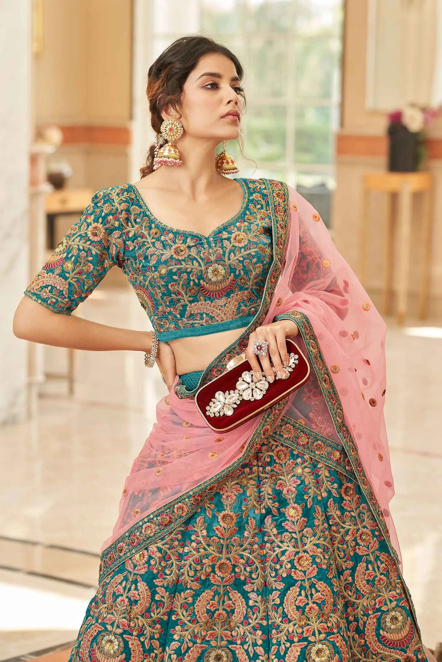 Teal Blue Velvet Lehenga Choli With Thread, Dori, Zari And Sequins Embroidered Work