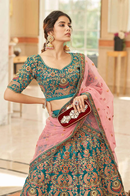 Teal Blue Velvet Lehenga Choli With Thread, Dori, Zari And Sequins Embroidered Work