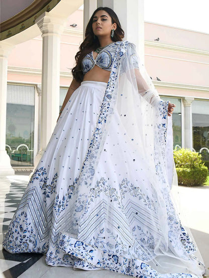 White Embroidery Work Satin Lehenga Choli