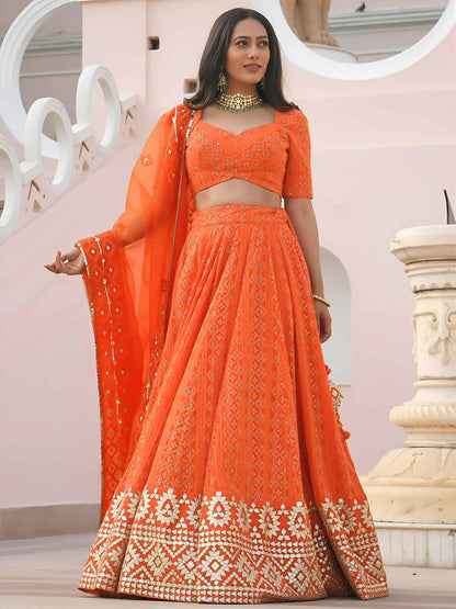 Orange Embroidery Work Lehenga Choli