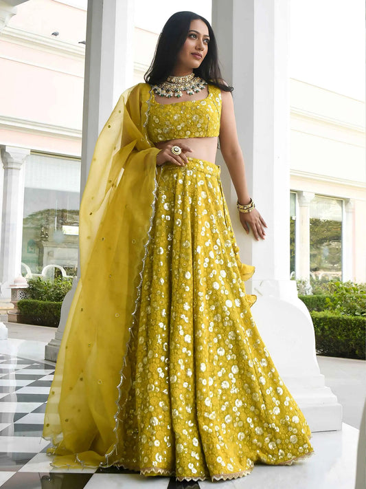 Olive Sequins Embroidered Lehenga Choli