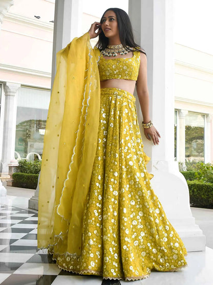 Olive Sequins Embroidered Lehenga Choli