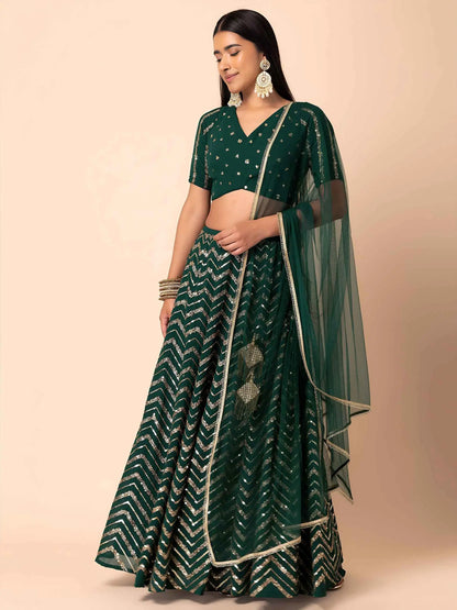Dark Green Georgette Embroidered Lehenga