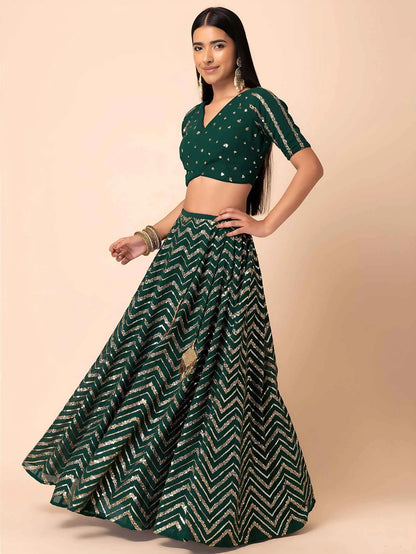 Dark Green Georgette Embroidered Lehenga