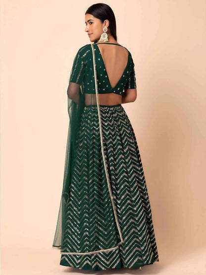 Dark Green Georgette Embroidered Lehenga