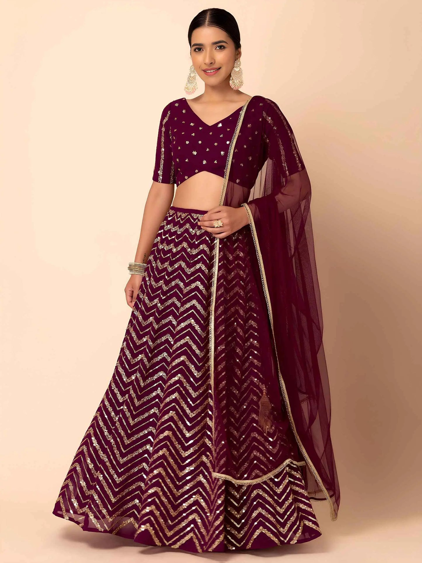 Maroon Georgette Sequins Zari Work Lehenga