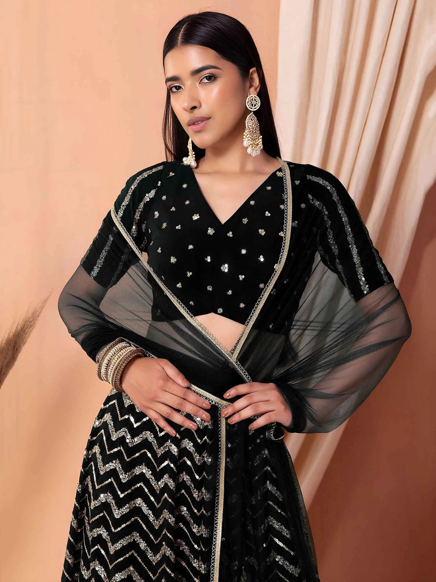 Black Georgette Sequins Zari Work Lehenga