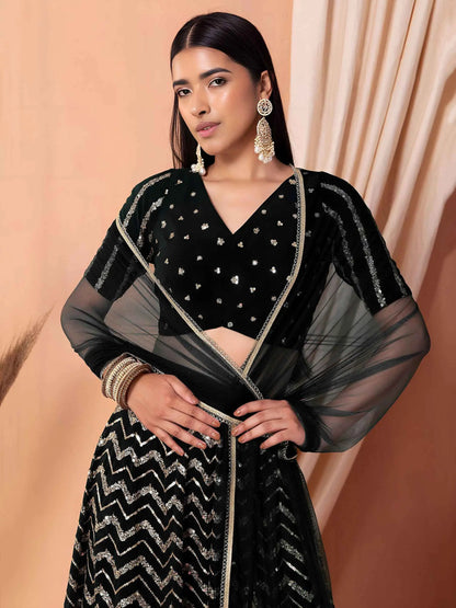 Black Georgette Sequins Zari Work Lehenga