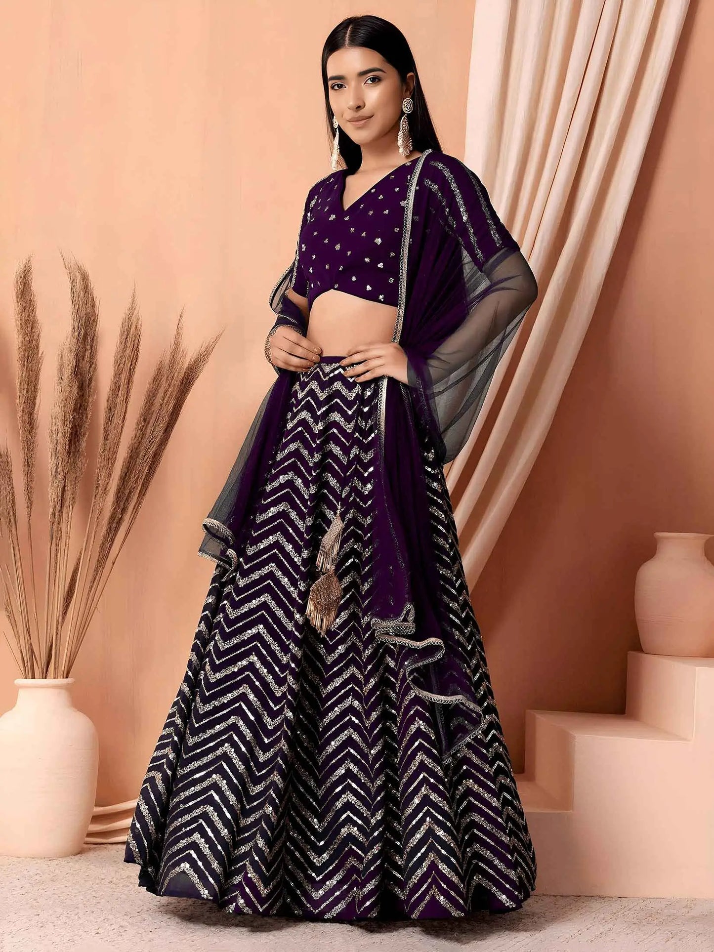 Dark Purple Georgette Sequins Work Lehenga
