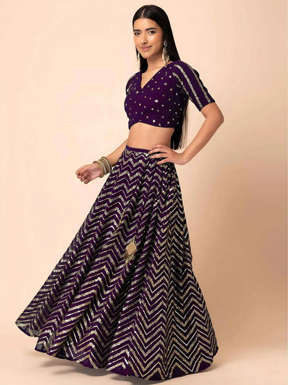 Dark Purple Georgette Sequins Work Lehenga