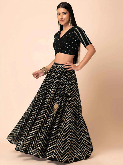 Black Georgette Sequins Zari Work Lehenga