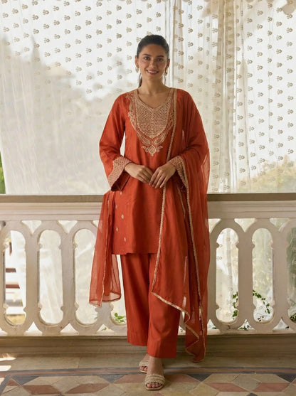 Rust Embroidered Silk A-Line Salwar Suit