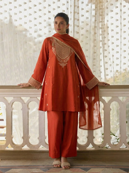 Rust Embroidered Silk A-Line Salwar Suit