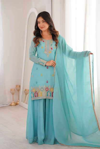 Sky Blue Sharara Set With Embroidery Work