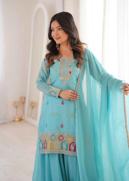 Sky Blue Sharara Set With Embroidery Work