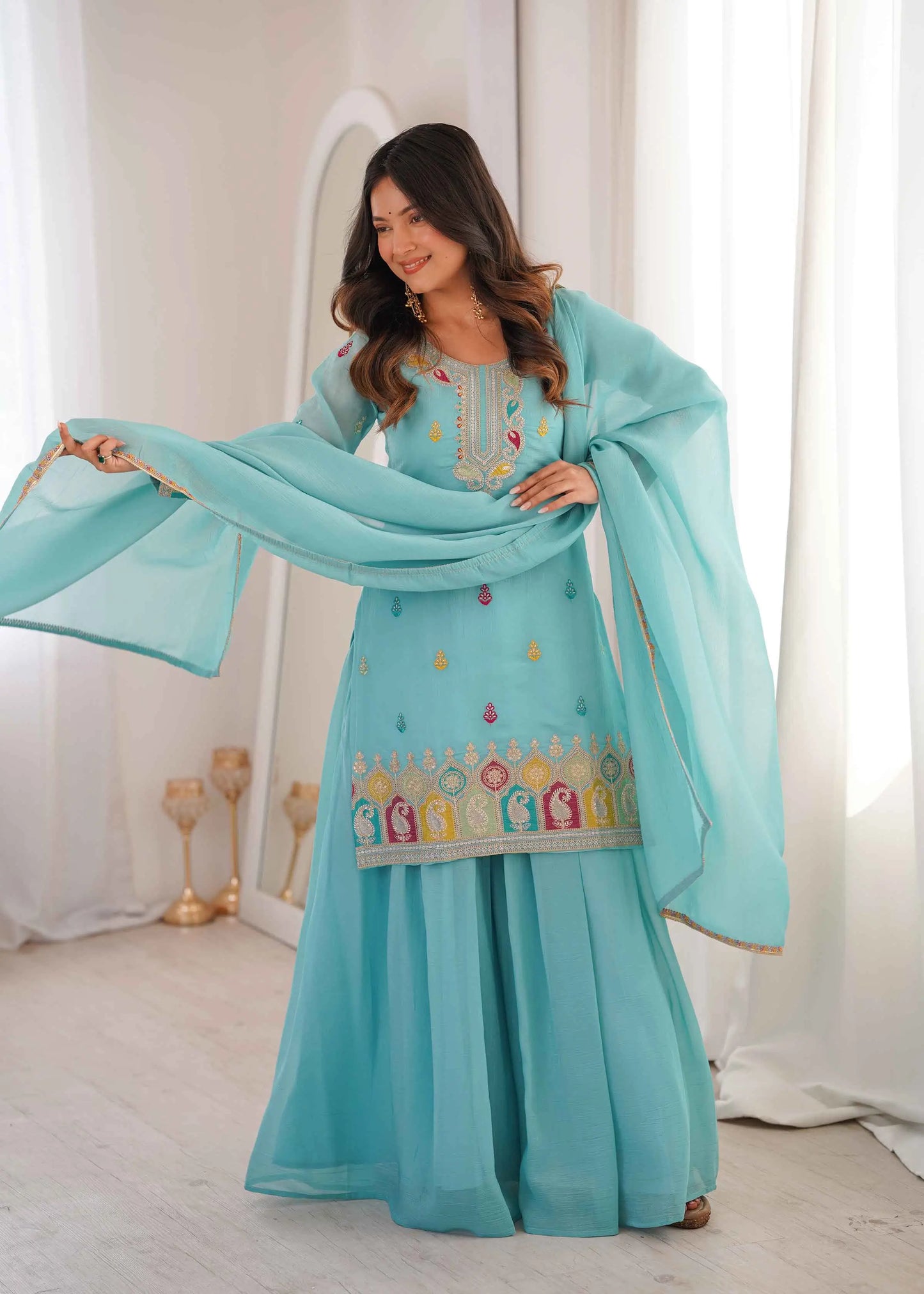 Sky Blue Sharara Set With Embroidery Work