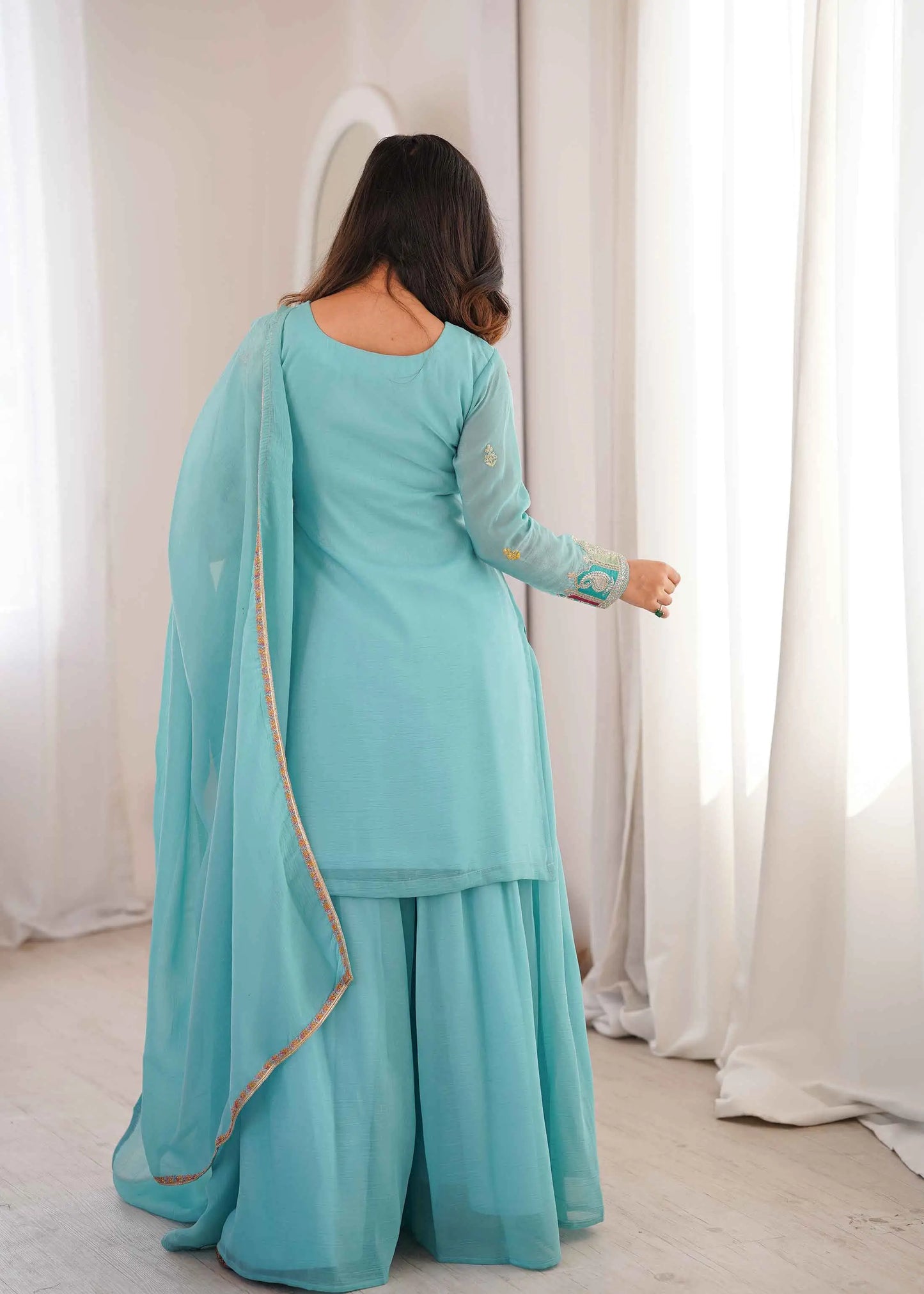 Sky Blue Sharara Set With Embroidery Work