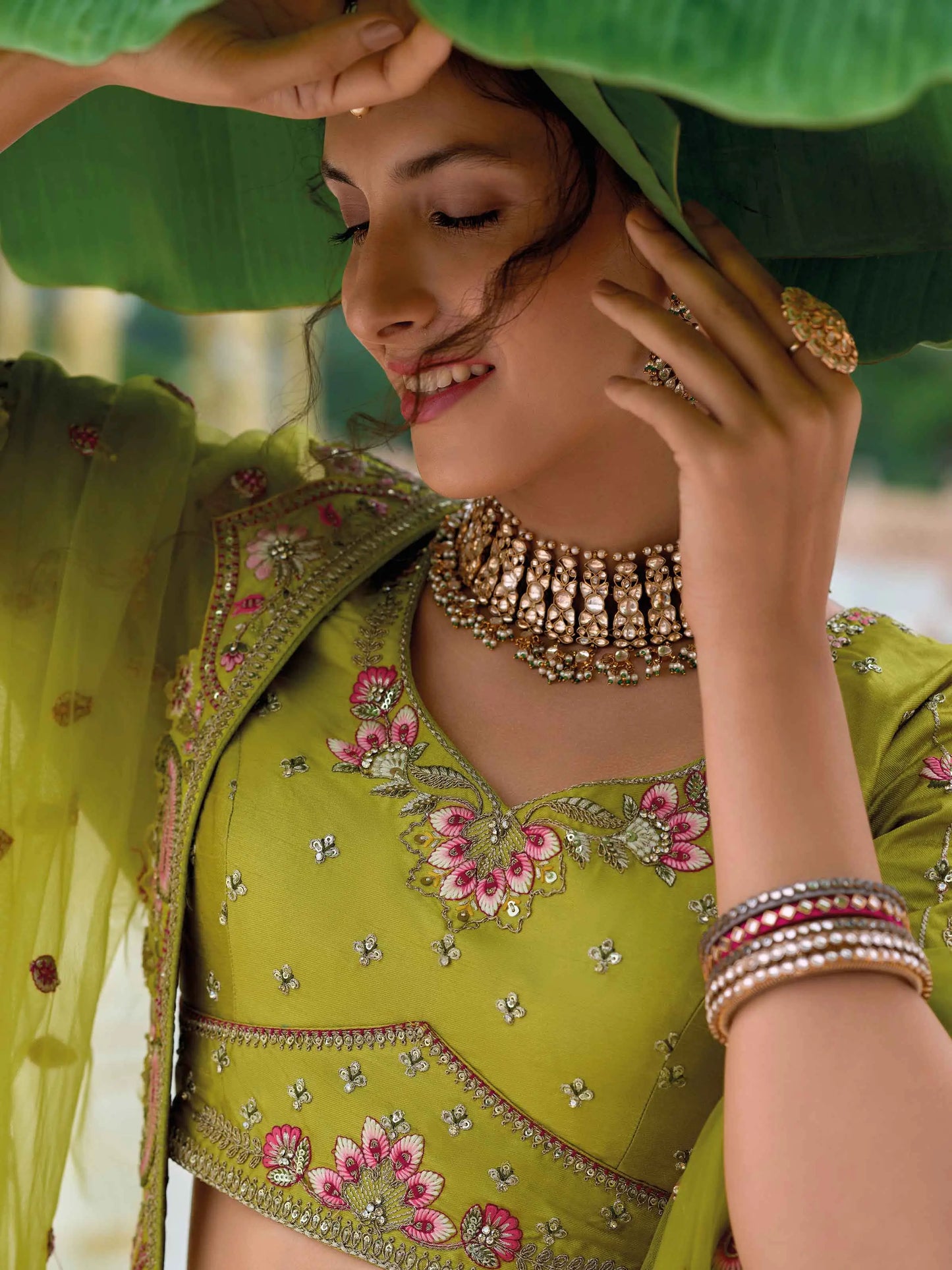 Brass Green Bridal Lehenga With Heavy Embroidery Work