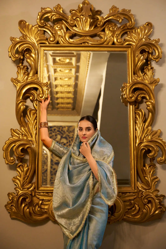 Sea Blue Shimmer Tissue Saree With Zari Weaving Work & Sequins Lace Border