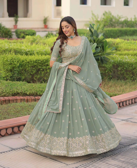 Pista Zari Sequins Embroidery Work Lehenga Choli
