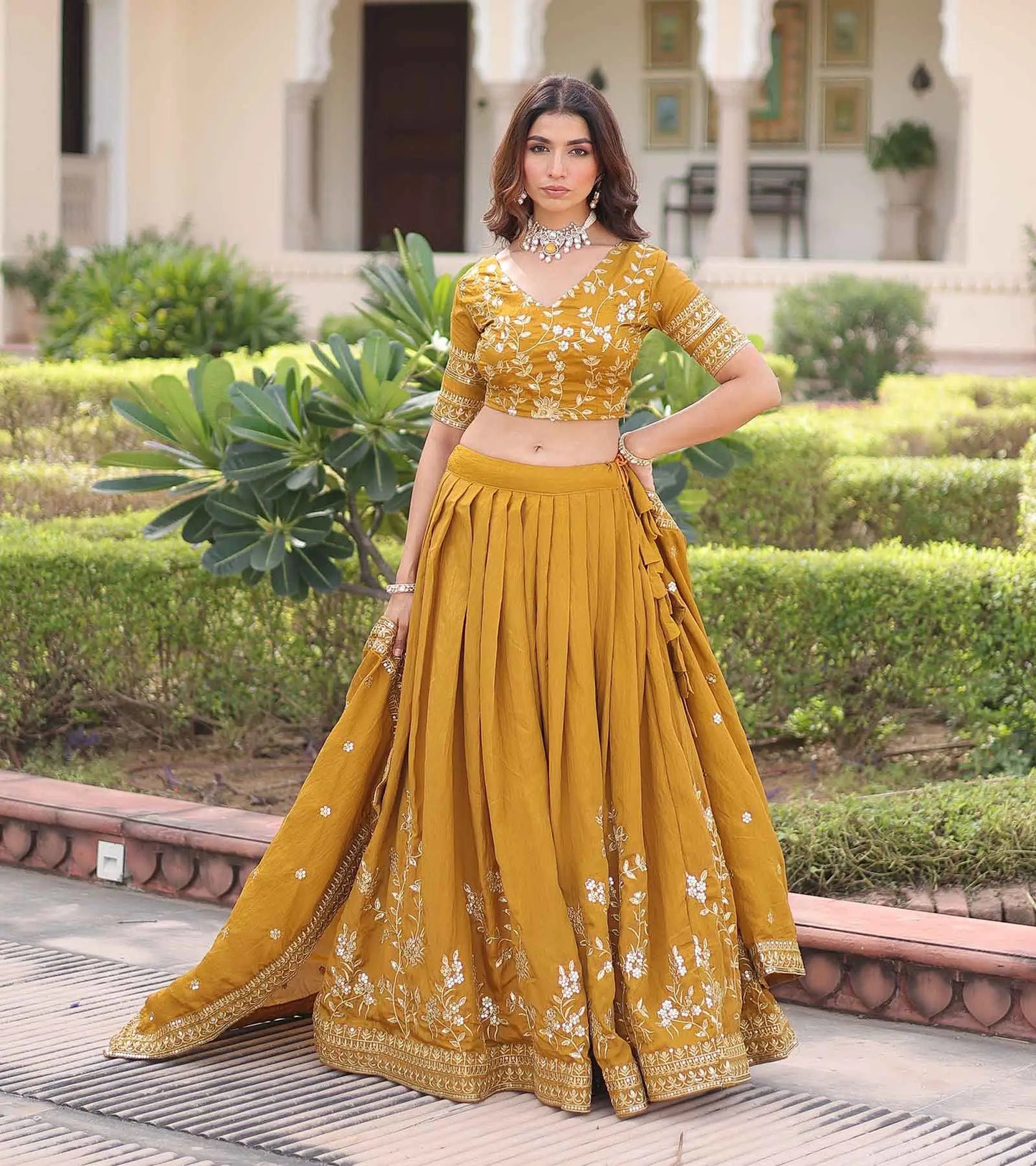 Brownish Yellow Sequins Embroidery Lehenga Choli