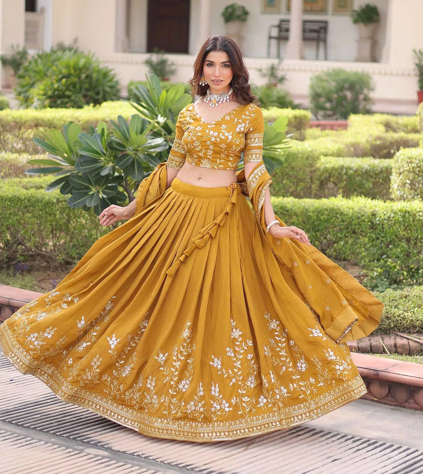 Brownish Yellow Sequins Embroidery Lehenga Choli