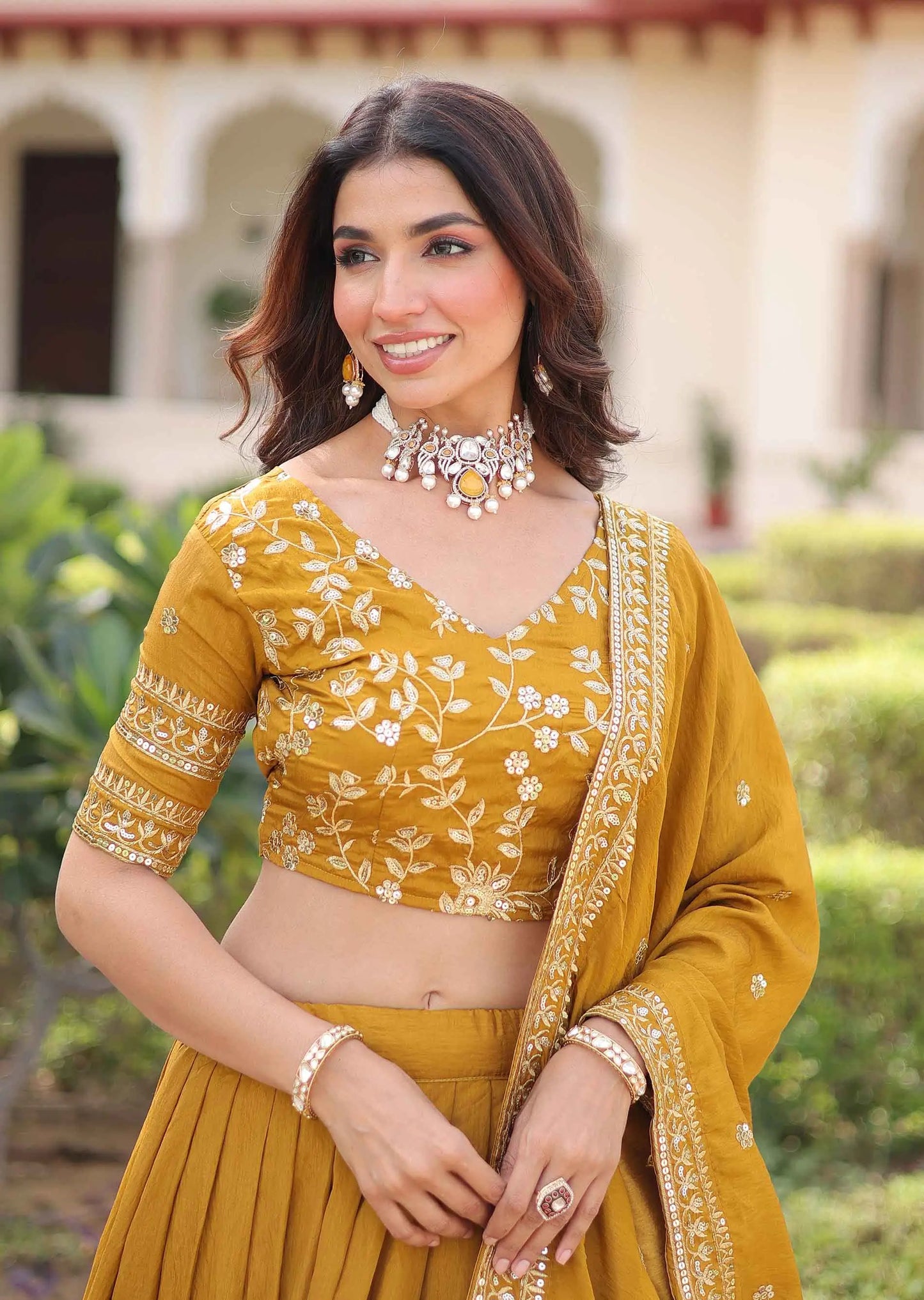Brownish Yellow Sequins Embroidery Lehenga Choli