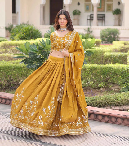 Brownish Yellow Sequins Embroidery Lehenga Choli