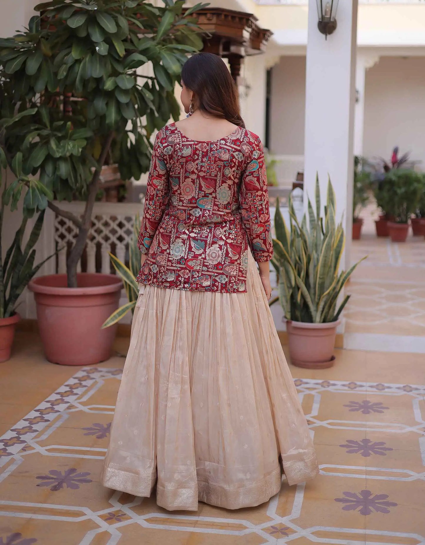 Maroon Jacquard Lehenga With Long Blouse