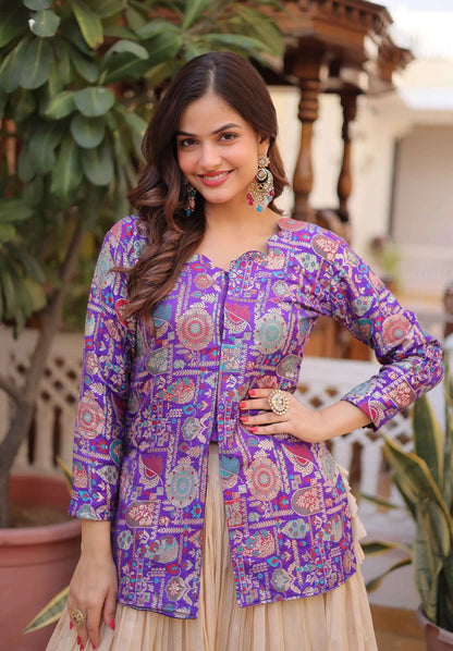 Purple Jacquard Lehenga With Long Blouse