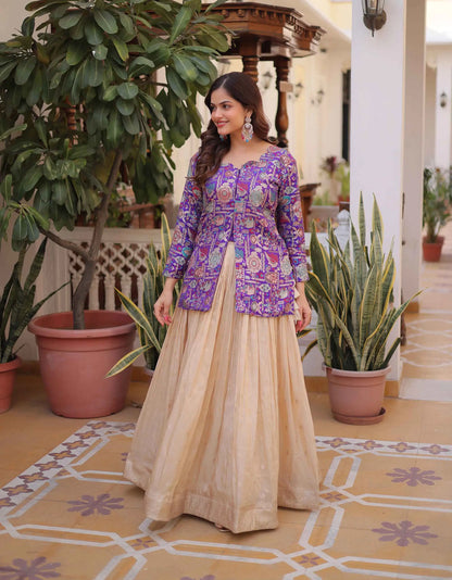 Purple Jacquard Lehenga With Long Blouse