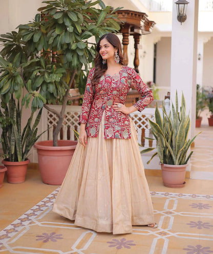 Maroon Jacquard Lehenga With Long Blouse
